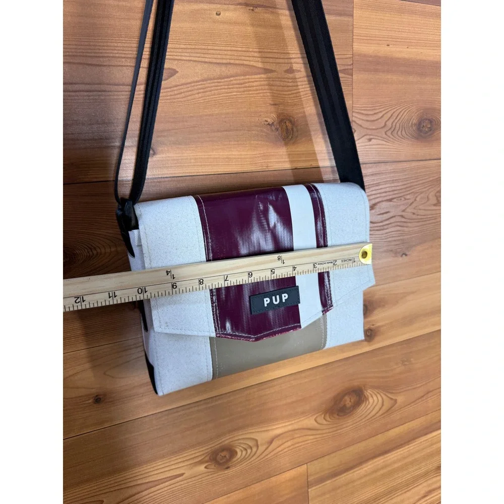 PUP People Urban Patrol Upcycled Crossbody Messenger Bag Burgundy Cream Tan